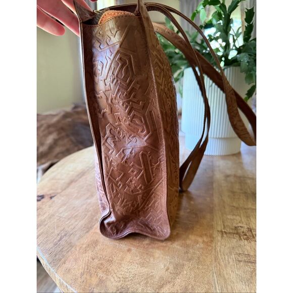 Hand Tooled Genuine Leather Tote Bag Brown Tribal Ethnic Boho Shoulder Purse - Picture 3 of 11